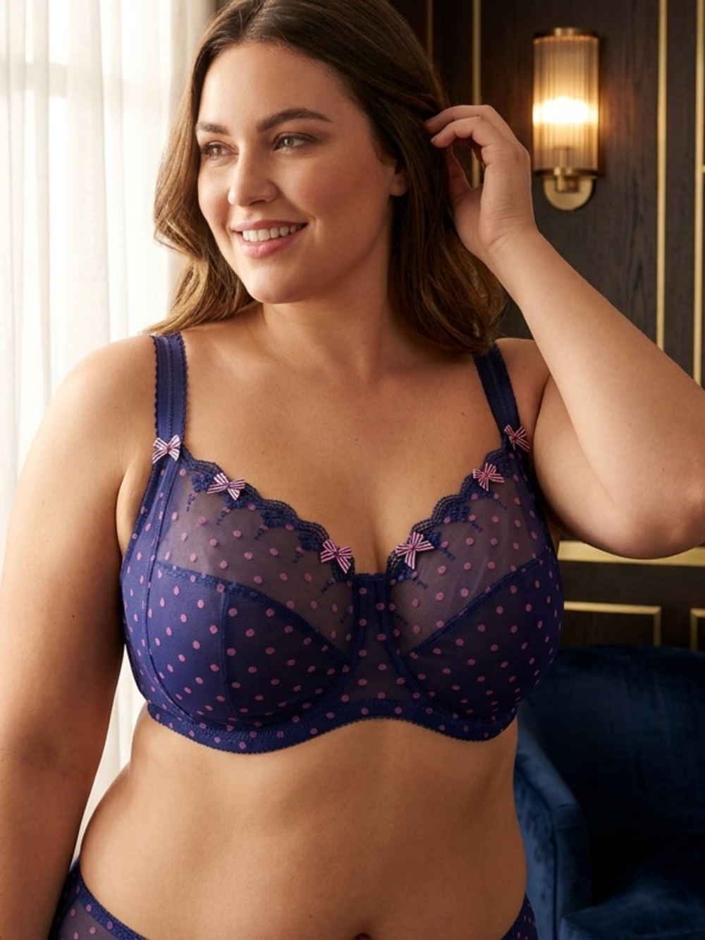 Boux Avenue Underwired Sheer Mesh Polka Dot Bra Blue/Pink UK 36GG /US 36J